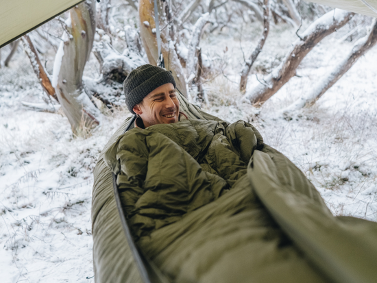 Man snuggles into sleeping bag in snowy weather