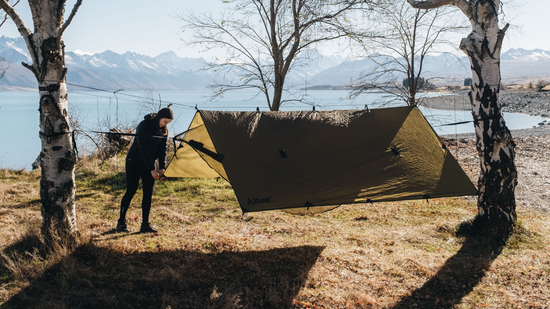Hammock camping setup covered by 3x3m Ultralight Tarp.