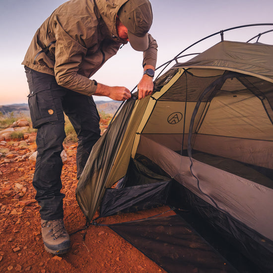 Hiker testing Alton's Ultralight 1 Person tent