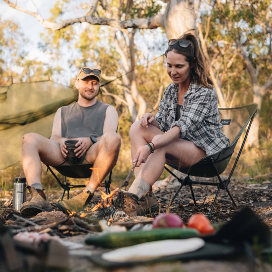 Backpackers demonstrating Alton's Ultralight Camp Chair comfort